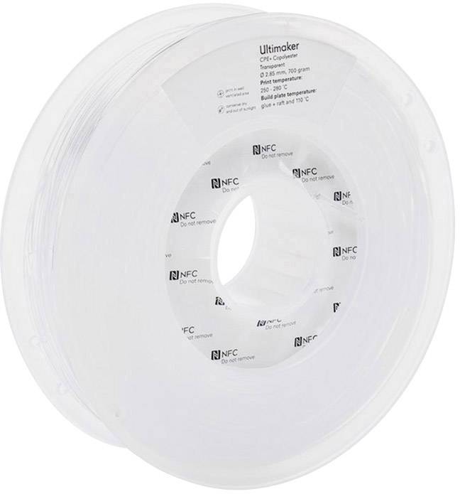 Spule mit durchsichtigem 3D-Druckfilament. Etikett weist auf NFC-Funktionalität hin. Geeignet für verschiedene 3D-Drucker.