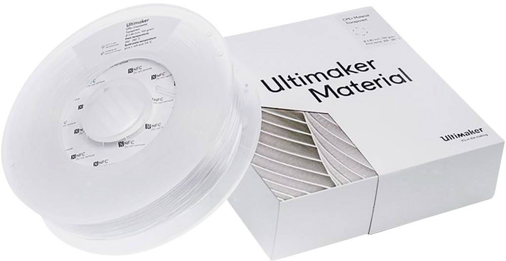 Eine Spule mit weißem Filament neben einer Verpackung mit der Aufschrift 'Ultimaker Material'.