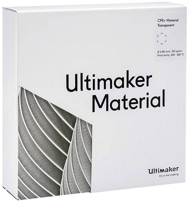 Verpackung der Ultimaker CPE+ Materialrolle, transparent. Angaben: Durchmesser 2,85 mm, Gewicht 750 g, Drucktemperatur 250-280 °C.