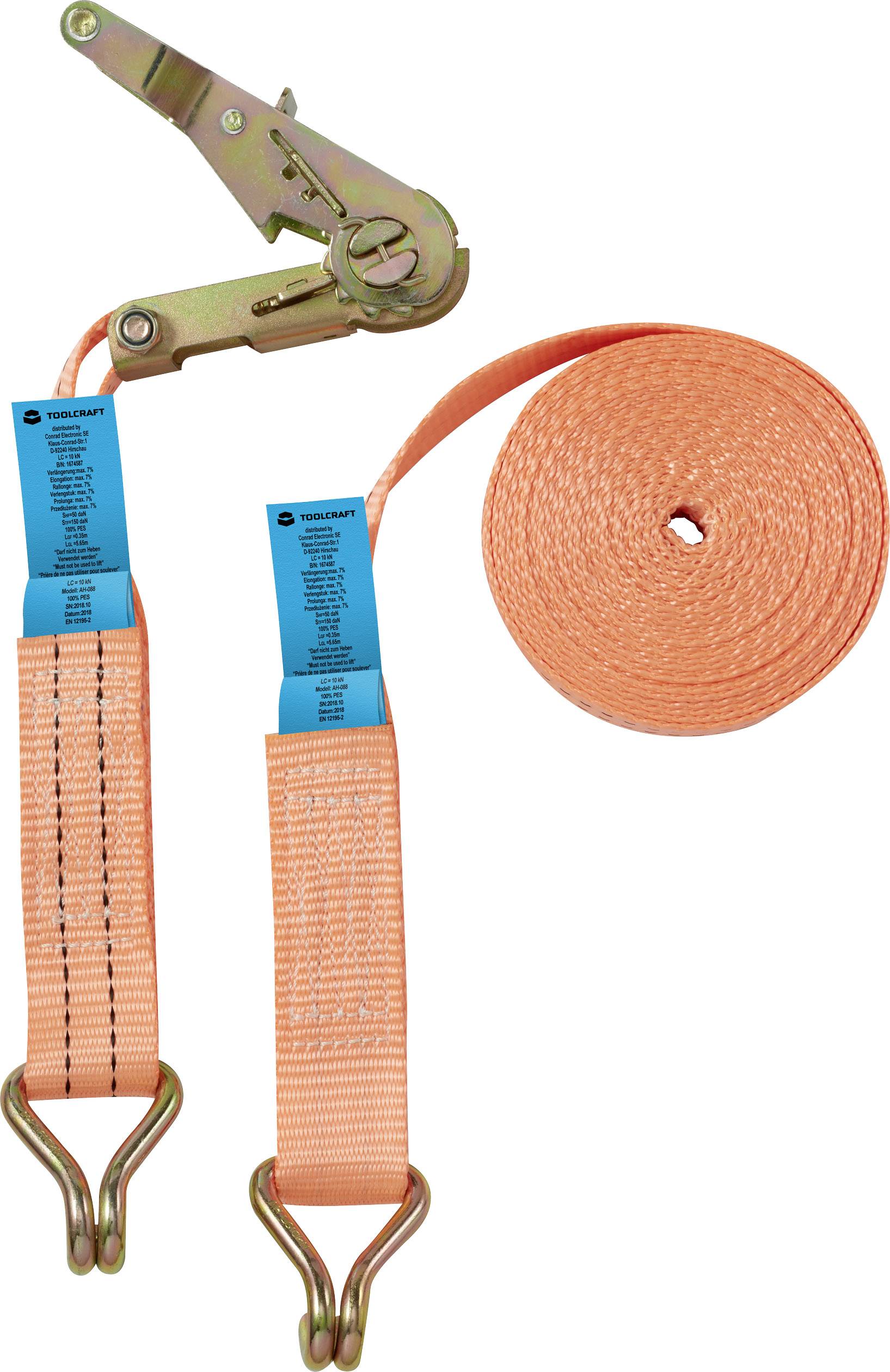 Orange Spannband mit Ratsche und Haken an beiden Enden, flach aufgerollt. Hauptsächlich zur Sicherung von Lasten verwendet.
