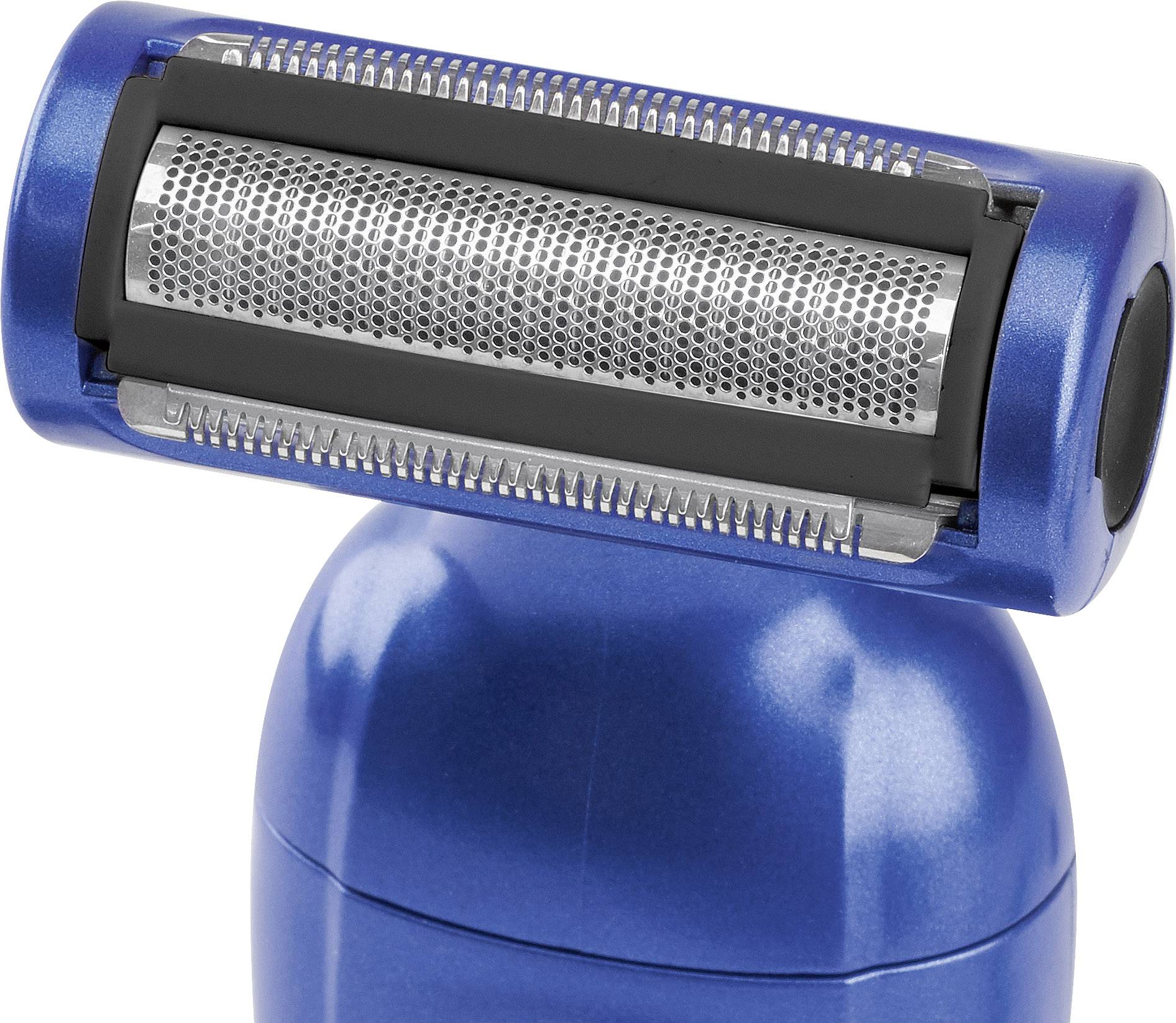 Ein blauer elektrischer Rasierer mit einem silbernen Scherkopf, der für die Körperrasur verwendet wird.