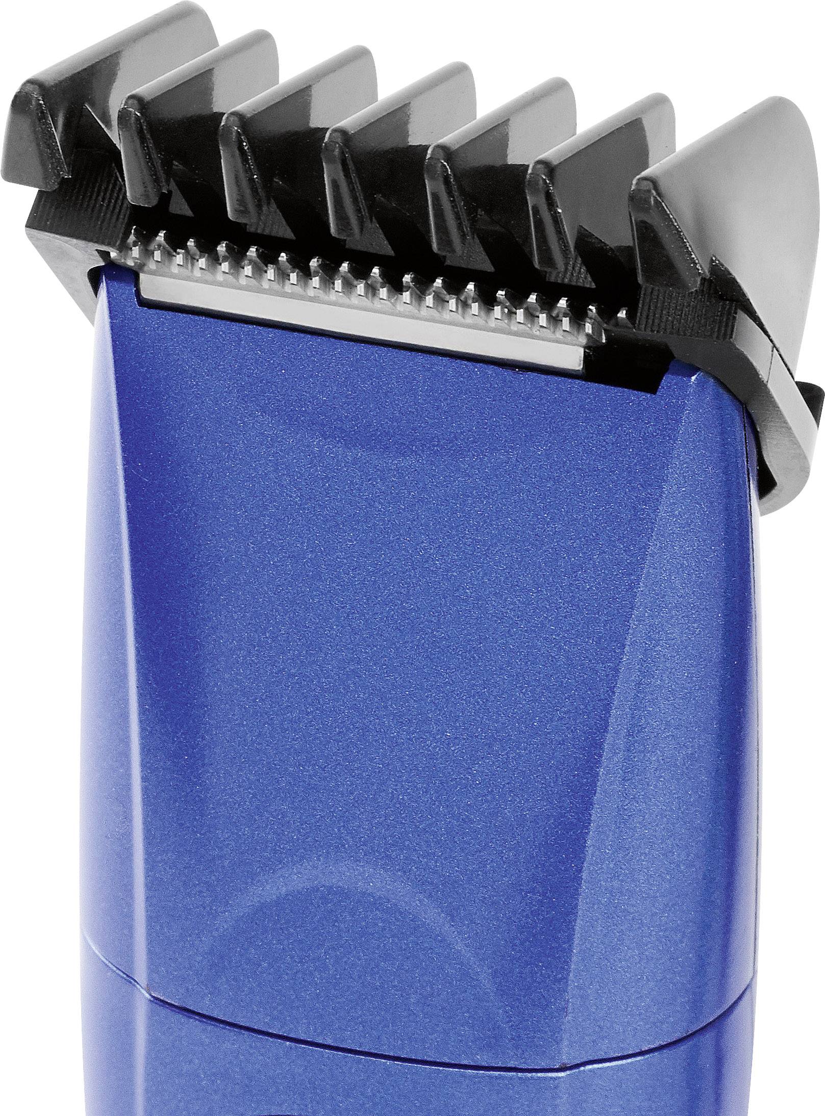 Ein blauer Haarschneider mit schwarzem Kammaufsatz, geeignet zur Anpassung der Haarlänge. Ideal für präzises Schneiden und Styling.
