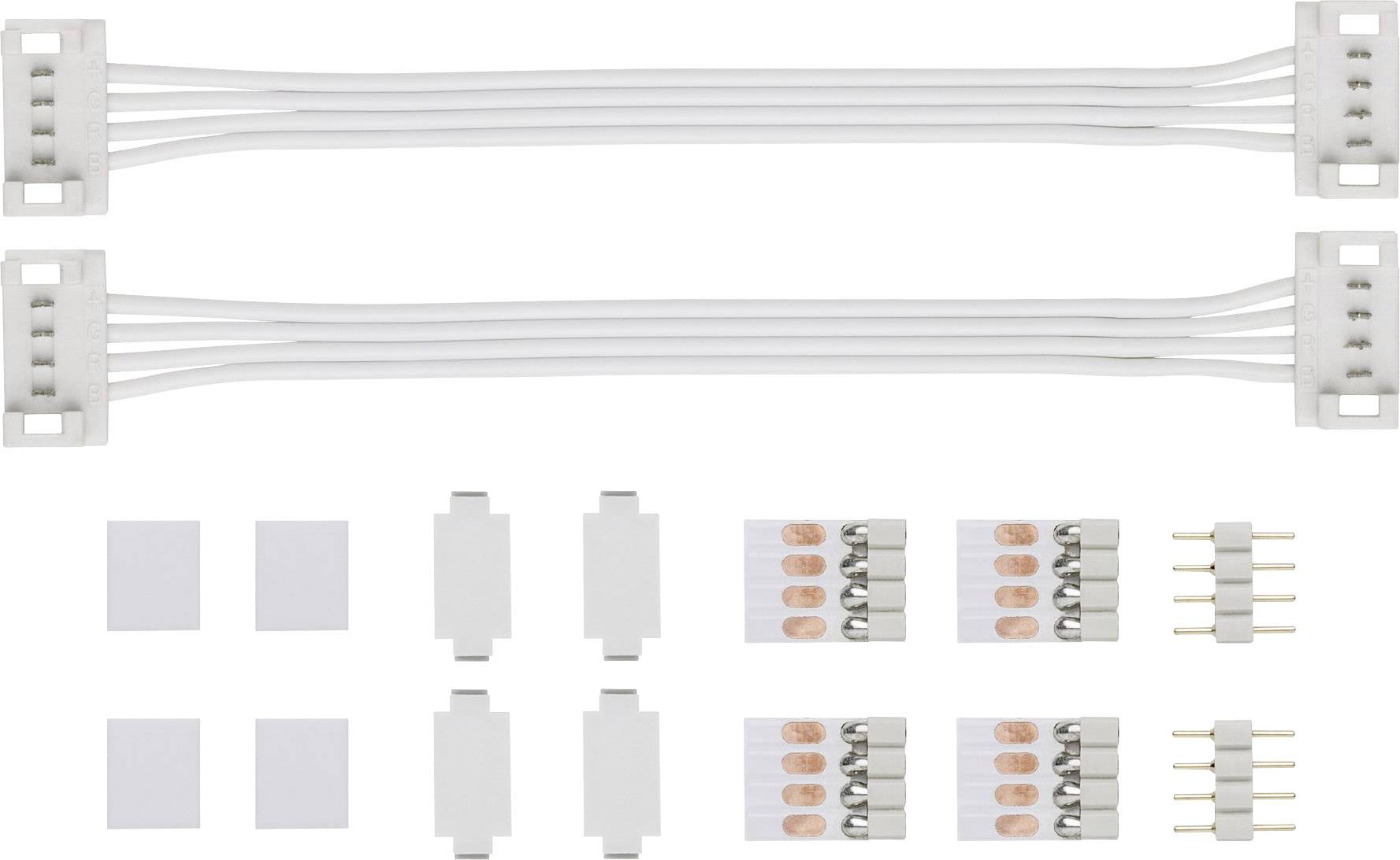Zwei weiße LED-Strip-Verlängerungskabel mit Anschlüssen, umgeben von mehreren Steckverbindern und kleinen rechteckigen Klebepads.