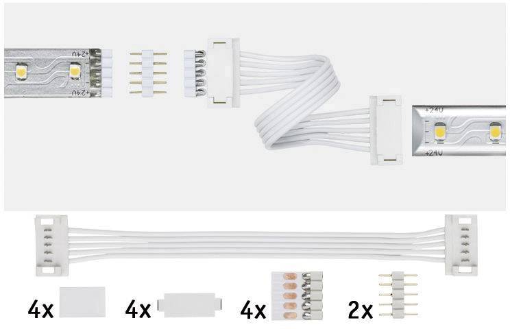 LED-Streifen-Verbindungskit: Enthält Verbinder, Clips, Kabel, Steckadapter und Zubehör zur Verbindung und Verlängerung von LED-Streifen.