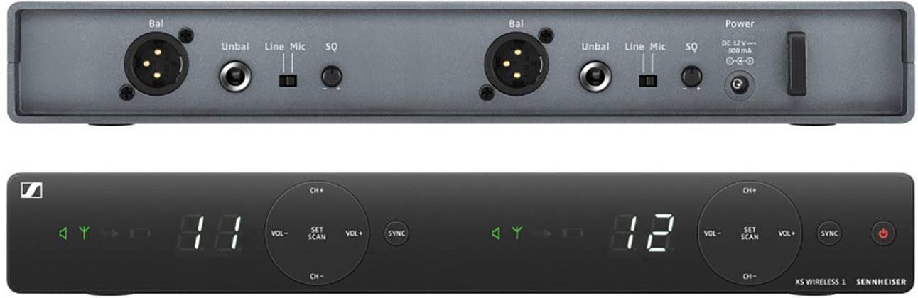 Rückseite eines Audioempfängers mit Eingängen für Mikrofon, Line- und Instrumentensignale. Vorderseite zeigt Display mit Kanalnummern.