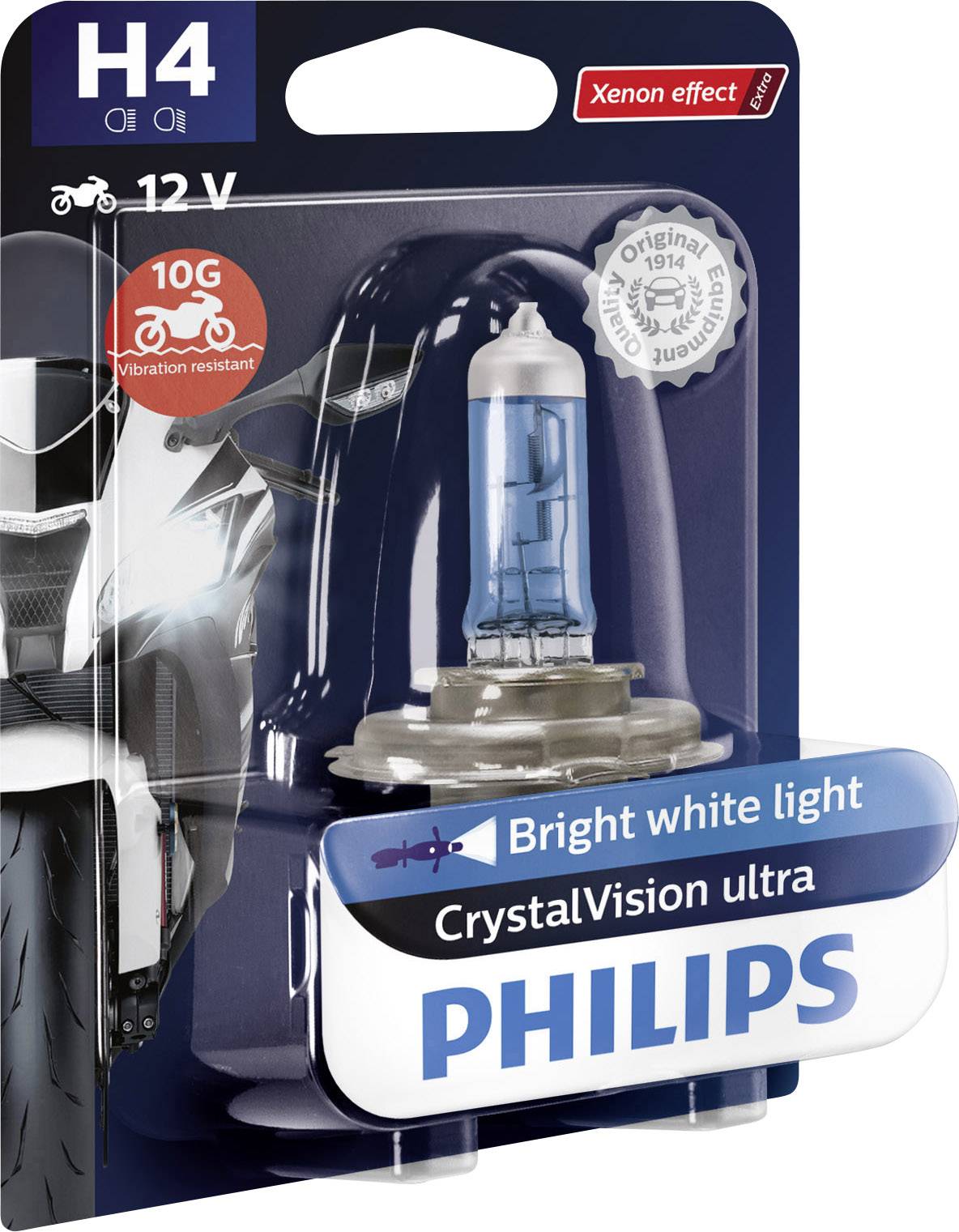 'Philips H4 Glühbirne 12V, hellweißes Licht, CrystalVision ultra, vibrationsresistent. Verpackung mit Motorradabbildung.'