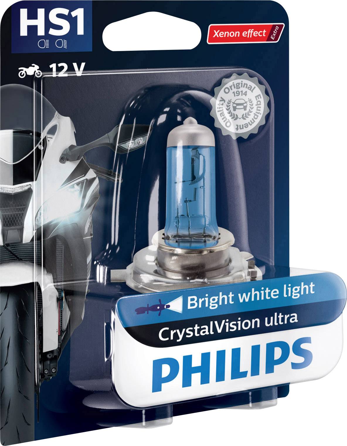Motorrad-Halogenlampe in Verpackung, Marke Philips, Modell CrystalVision ultra, 12V, 'Bright white light', Xenon-Effekt.