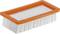Rechteckiger Filter mit orangefarbenem Rand und weißen Lamellen, auf hellem Hintergrund.
