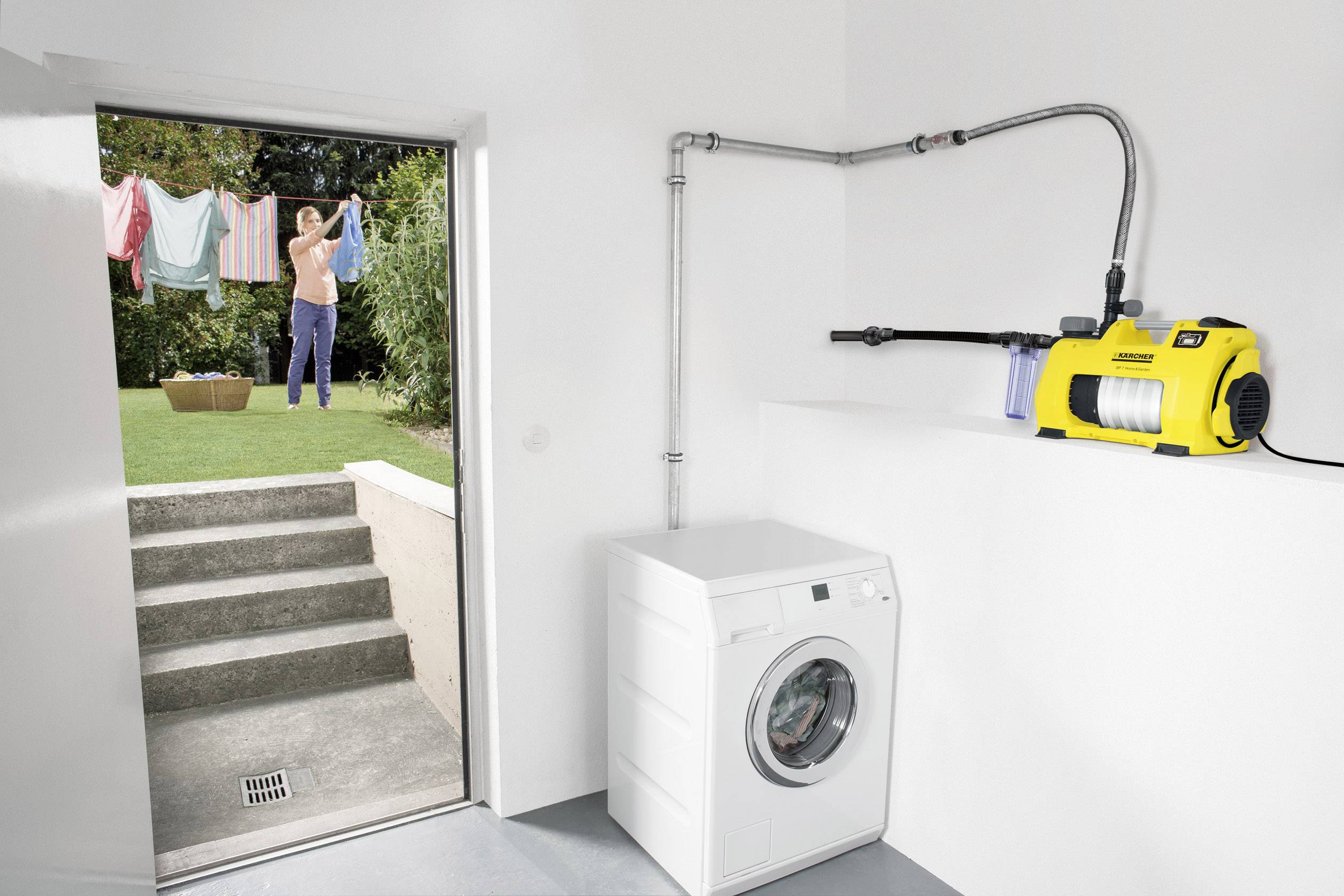 Ein Waschraum mit einer Waschmaschine. Eine Person hängt draußen Wäsche auf einer Leine auf. Ein gelbes Gerät ist an der Wand montiert.