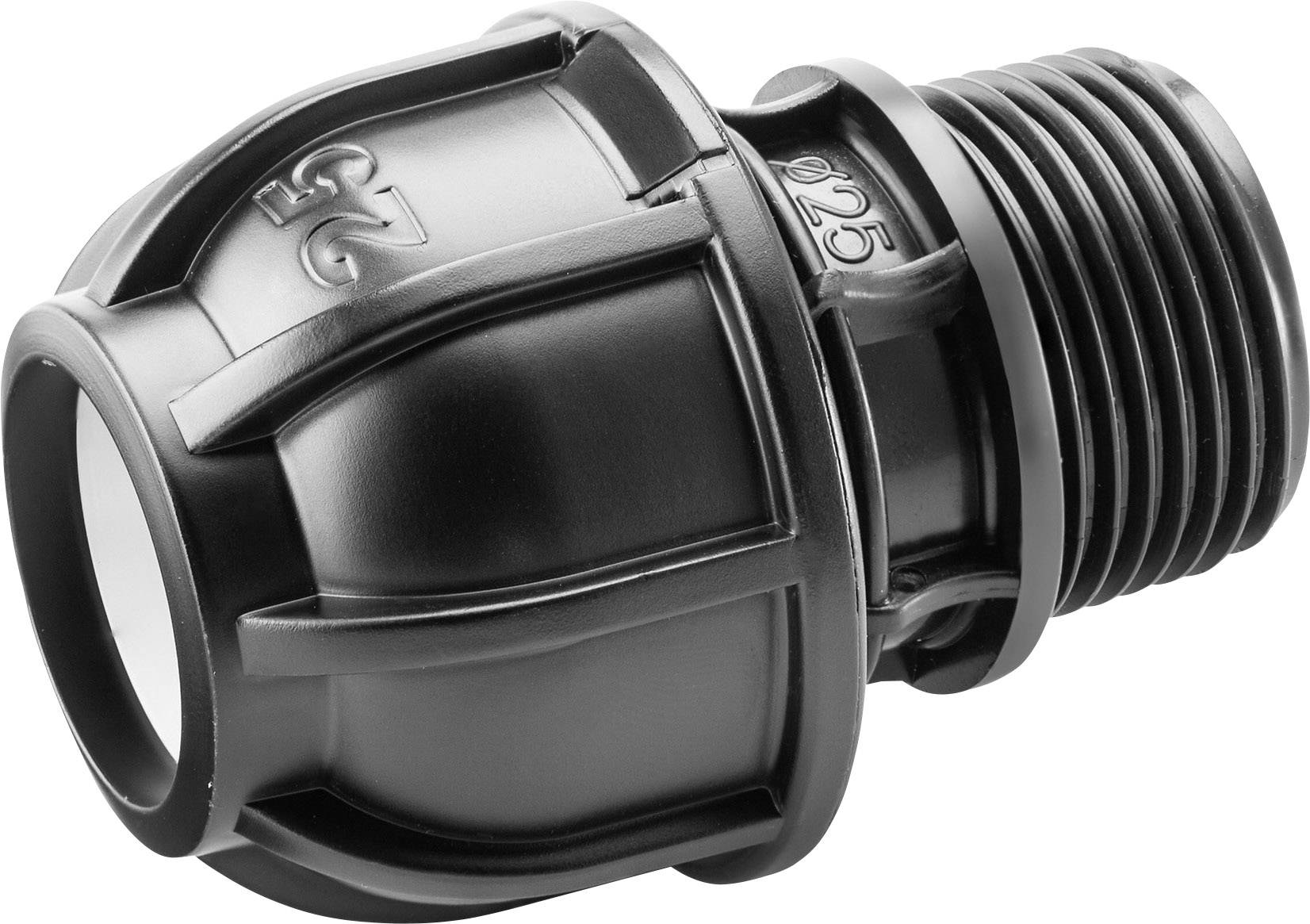 Schwarze Kunststoffverschraubung mit Gewinde und Rillen. Designed für Kabeldurchführung und Schutz in elektrischen Anwendungen.