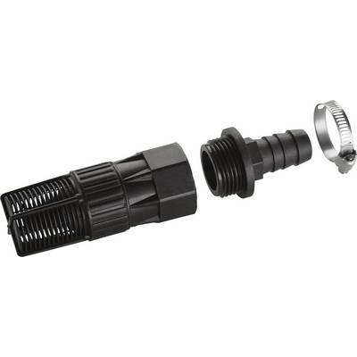 Ein schwarzer Kunststoff-Filter, ein Adapter mit gewindelosem Ende und eine Metallschelle, die auseinander gezeigt werden.