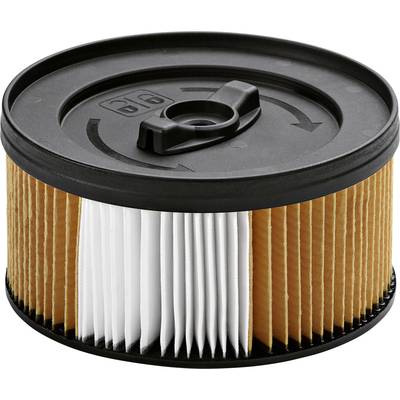 Runder Filter mit orangefarbenem Faltpapier und schwarzem Kunststoffdeckel, geeignet für Staubsauger oder ähnliche Haushaltsgeräte.