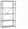 Metallregal mit vier Regalböden, dargestellt zusammen mit einer gestrichelten Skizze des Regalaufbaus neben dem tatsächlichen Regal.