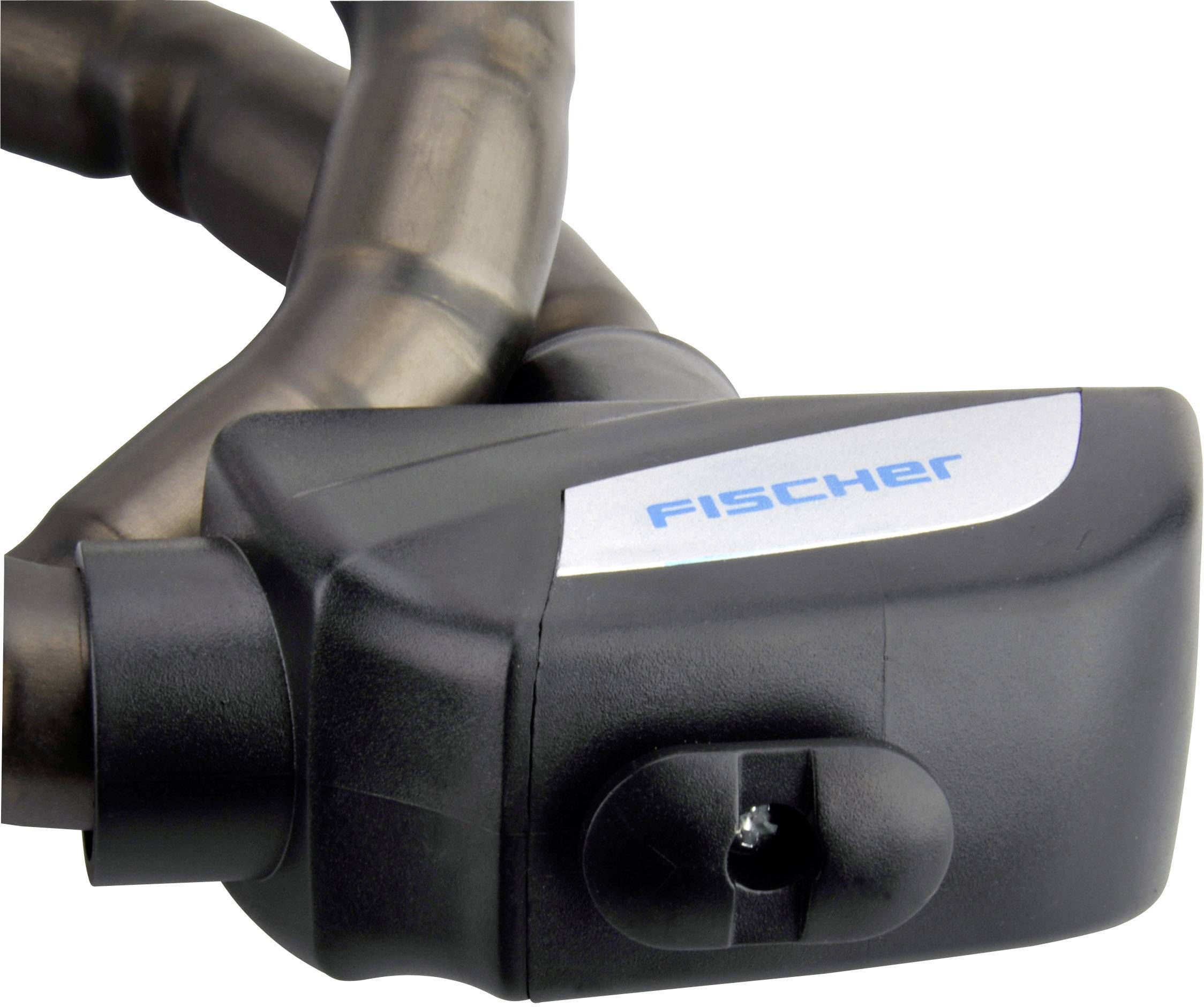 Schwarzes Sicherheitsschloss mit Metallkette und einem Etikett, auf dem 'Fischer' steht.