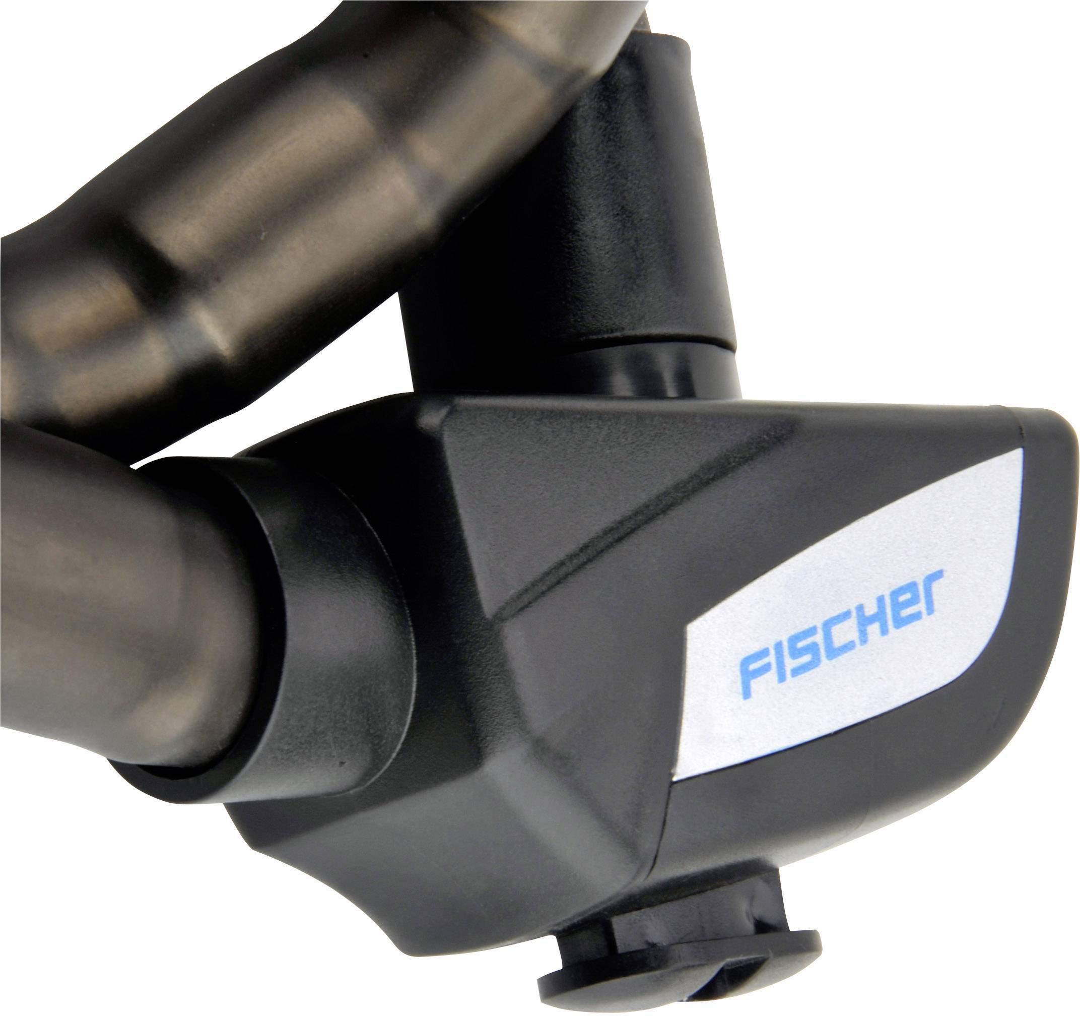 Ein Fahrradschloss mit dem Logo 'Fischer', zeigt ein robustes, schwarzes Design. Geeignet zur sicheren Befestigung von Fahrrädern.