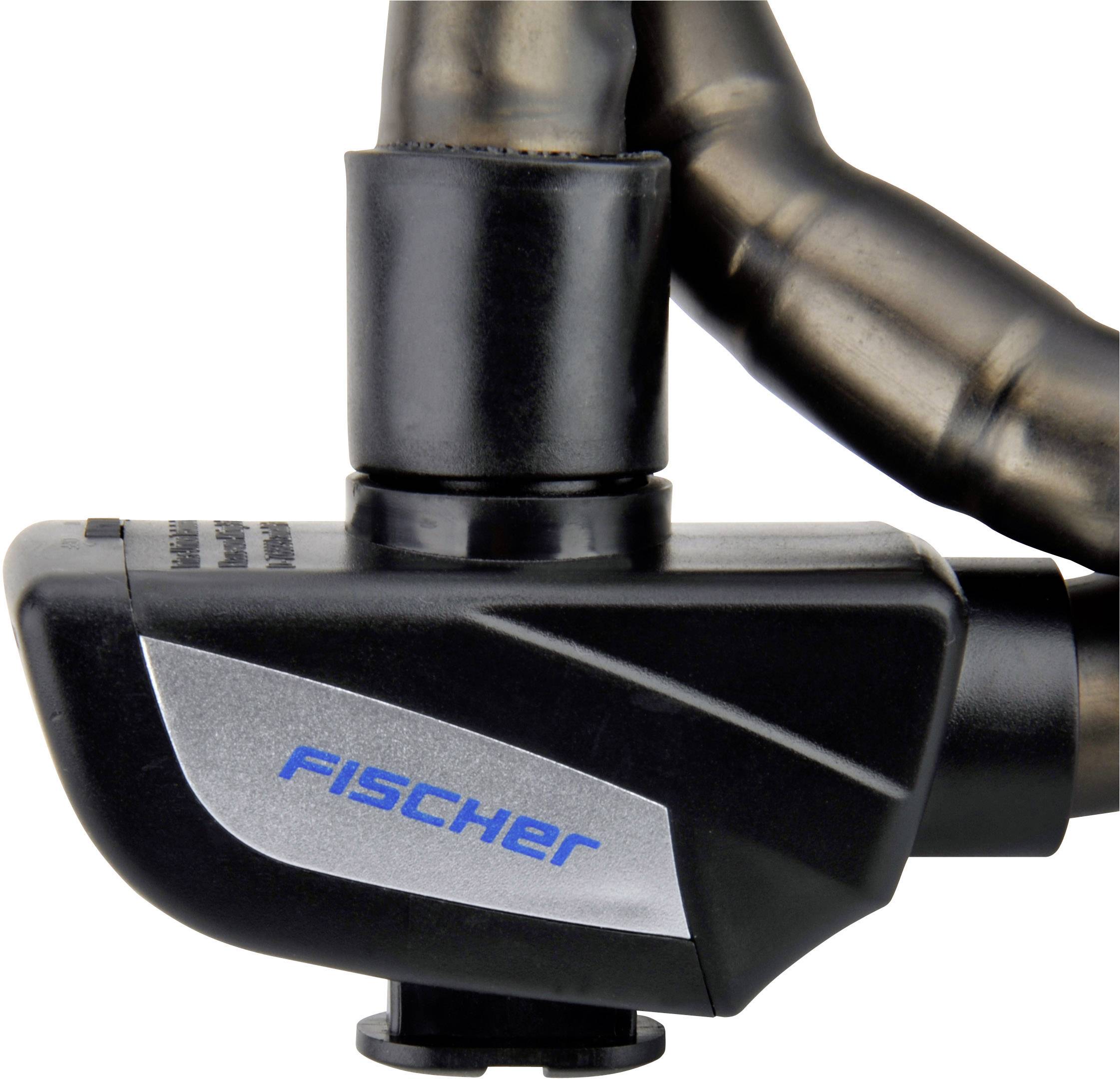 'Schloss mit eingebautem Zylinder und Stahlkabel, geeignet zur Sicherung von Fahrrädern; Marke Fischer, in Schwarz und Silber.'