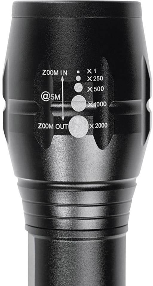 Schwarze Taschenlampe mit Zoom-Funktion; markiert mit 'Zoom In', 'Zoom Out' und verschiedene Vergrößerungsstufen (X1 bis X2000).