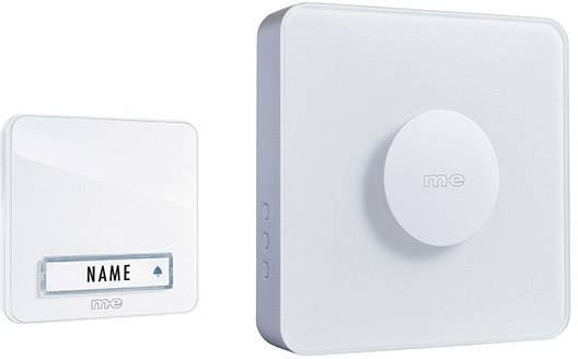 Zwei weiße Türklingelgeräte, die nebeneinander stehen. Links ein quadratisches Gerät mit 'Name'-Platzhalter, rechts ein größeres Gerät mit Knopf.