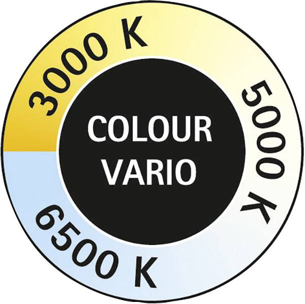 Farbkreis mit Beschriftung: 'Colour Vario' in der Mitte, Farbtemperaturen 3000K, 5000K, 6500K angezeigt, zeigt Farbvariation.