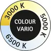 Farbkreis mit Beschriftung: 'Colour Vario' in der Mitte, Farbtemperaturen 3000K, 5000K, 6500K angezeigt, zeigt Farbvariation.