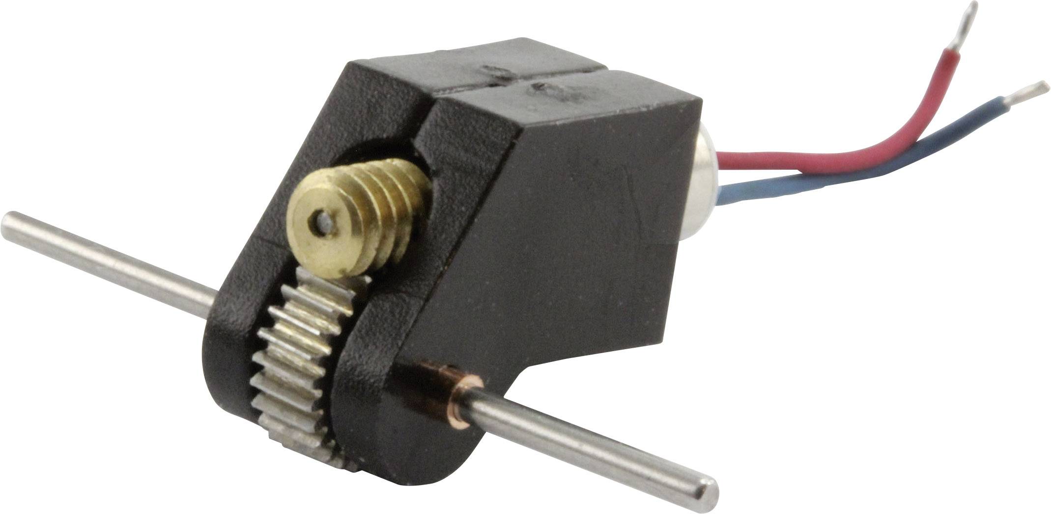 Ein kleiner Elektromotor mit zwei Drähten, einem Zahnrad und einer Metallachse, vermutlich Teil eines mechanischen Antriebs oder Modells.