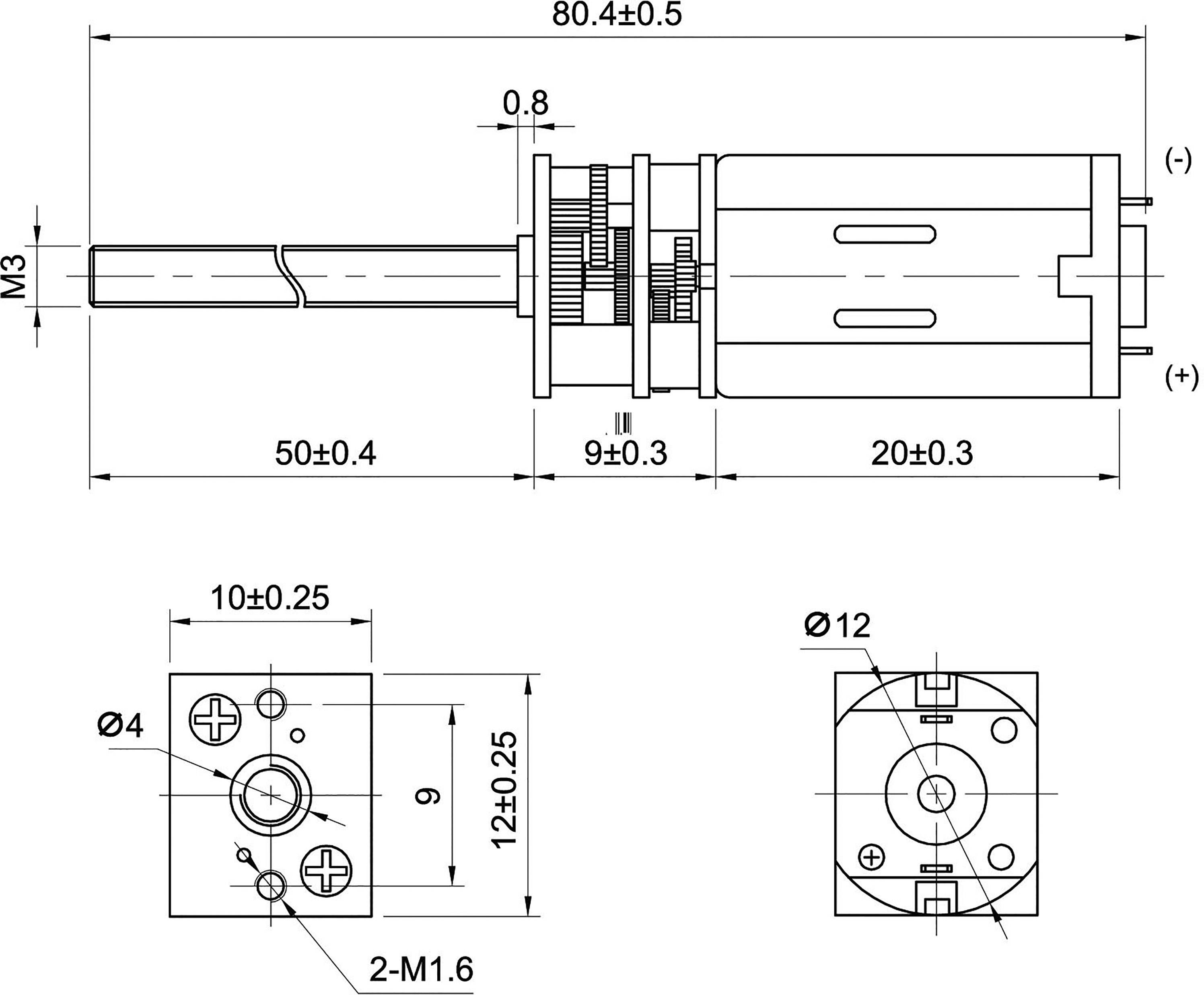 Technische Zeichnung eines Elektromotors mit Abmessungen: Gesamtlänge 80,4±0,5 mm, Wellenlänge 50±0,4 mm, Durchmesser 12 mm.