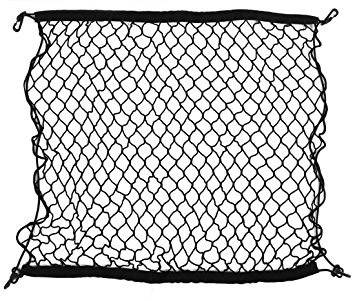 Schwarzes elastisches Netz mit Haken an den Ecken, geeignet zum Sichern von Gegenständen im Gepäckraum oder auf einem Träger.