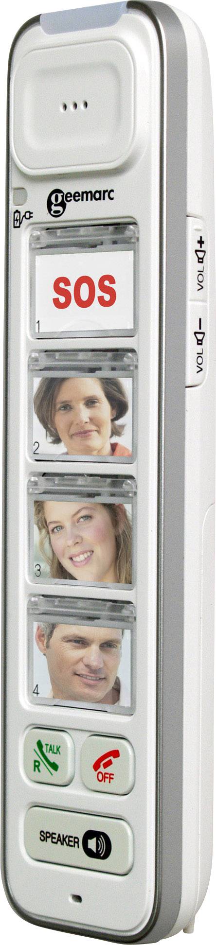 Ein schnurloses Telefon mit vier großen Fototasten, darunter eine rote 'SOS'-Taste und Funktionen für Anrufannahme und Lautsprecher.