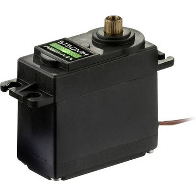 Ein schwarzer Servomotor mit Beschriftung 'S1501M'. Es hat ein Zahnrädchen oben und seitliche Befestigungslaschen. Ein Kabel ragt heraus.