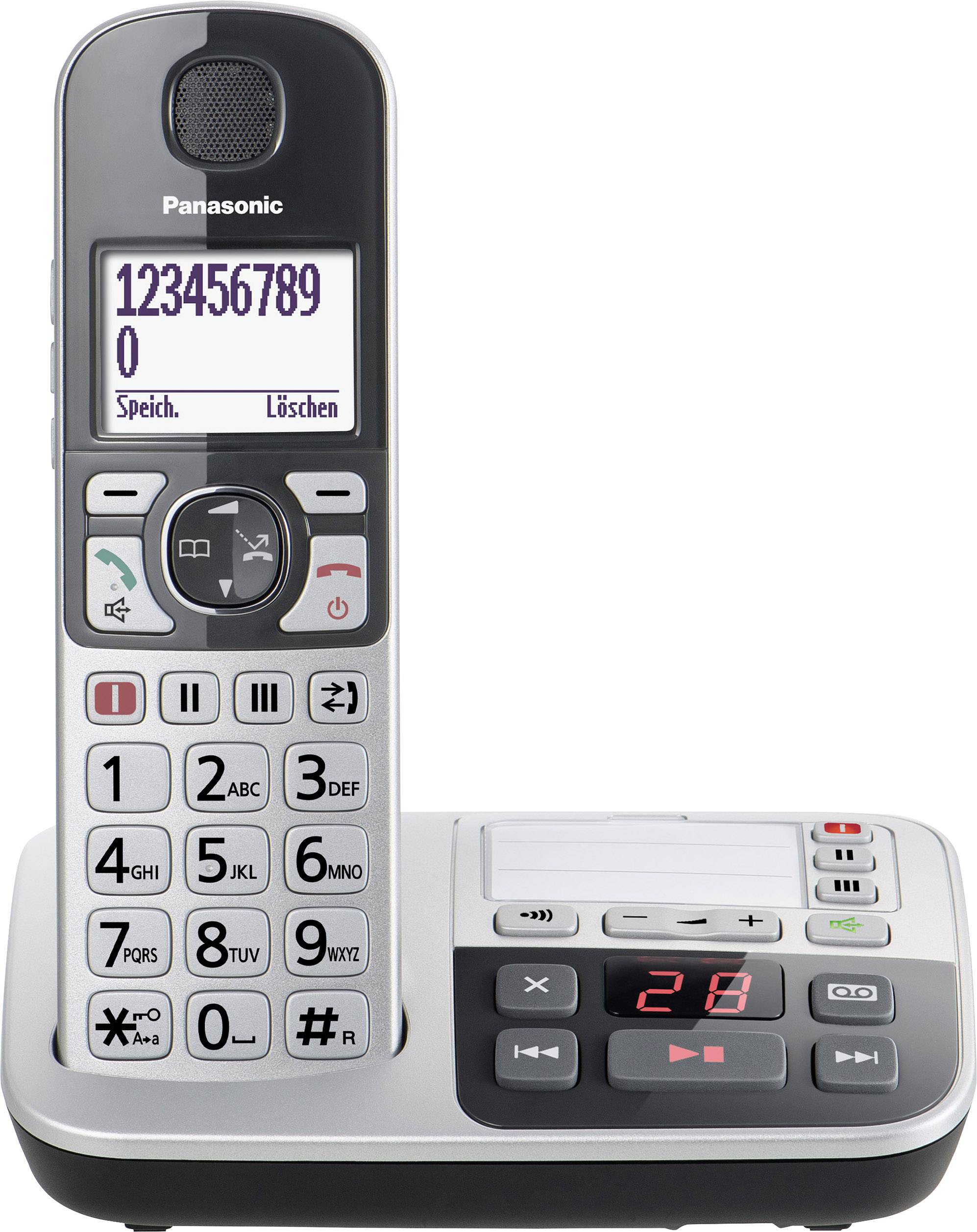 Schnurloses Telefon mit Basisstation und Anrufbeantworter. Das Display zeigt die Nummer '1234567890'. Tasten sind groß und gut lesbar.