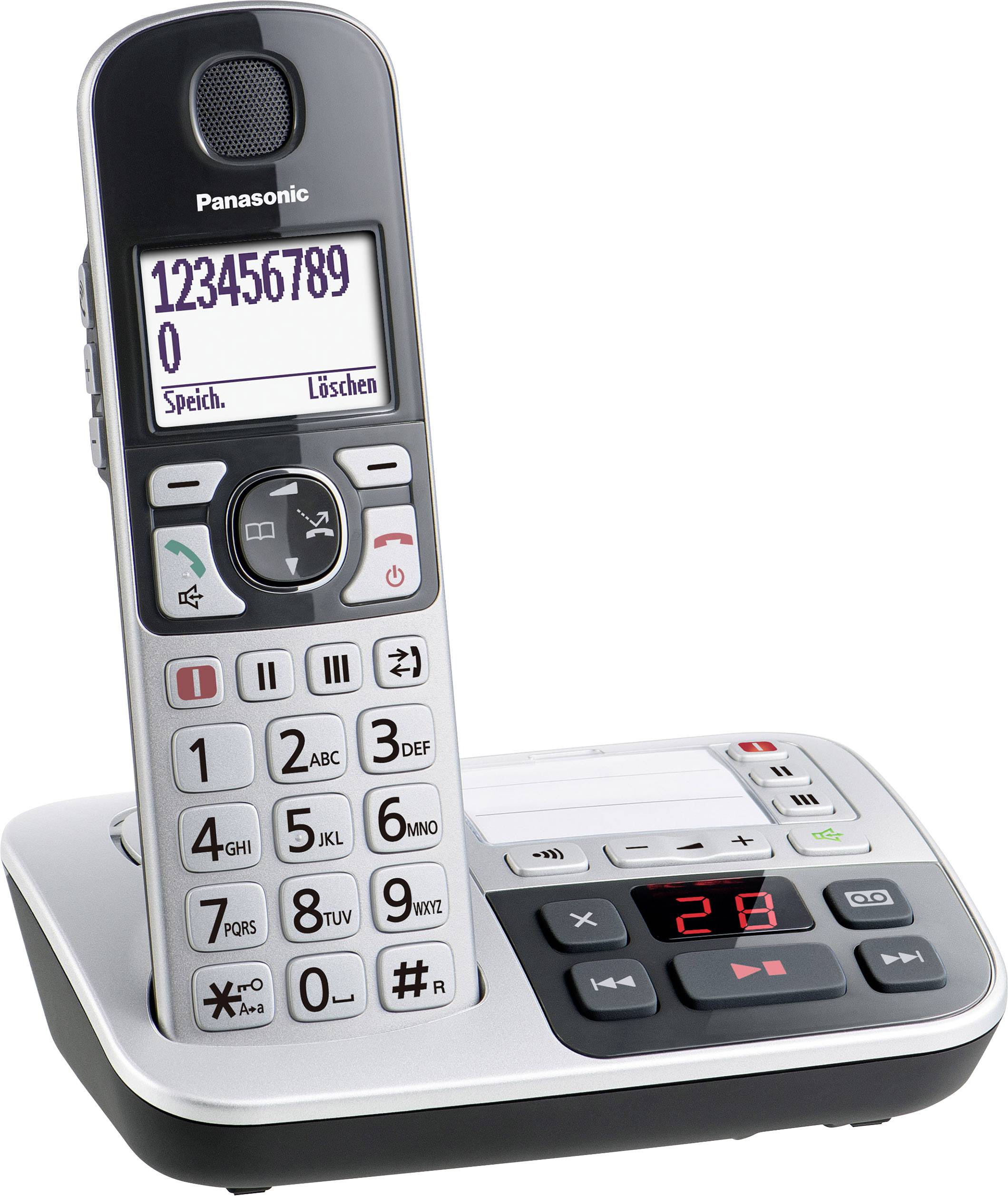 Schnurloses Telefon mit Anrufbeantworter, LED-Anzeige zeigt '28' neue Nachrichten. Tasten für Nummern, Lautstärke und Menü.