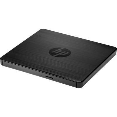Externes DVD-Laufwerk in schwarzem, kompaktem Design mit einem HP-Logo auf der Oberseite. Geeignet für Laptops oder Desktops.