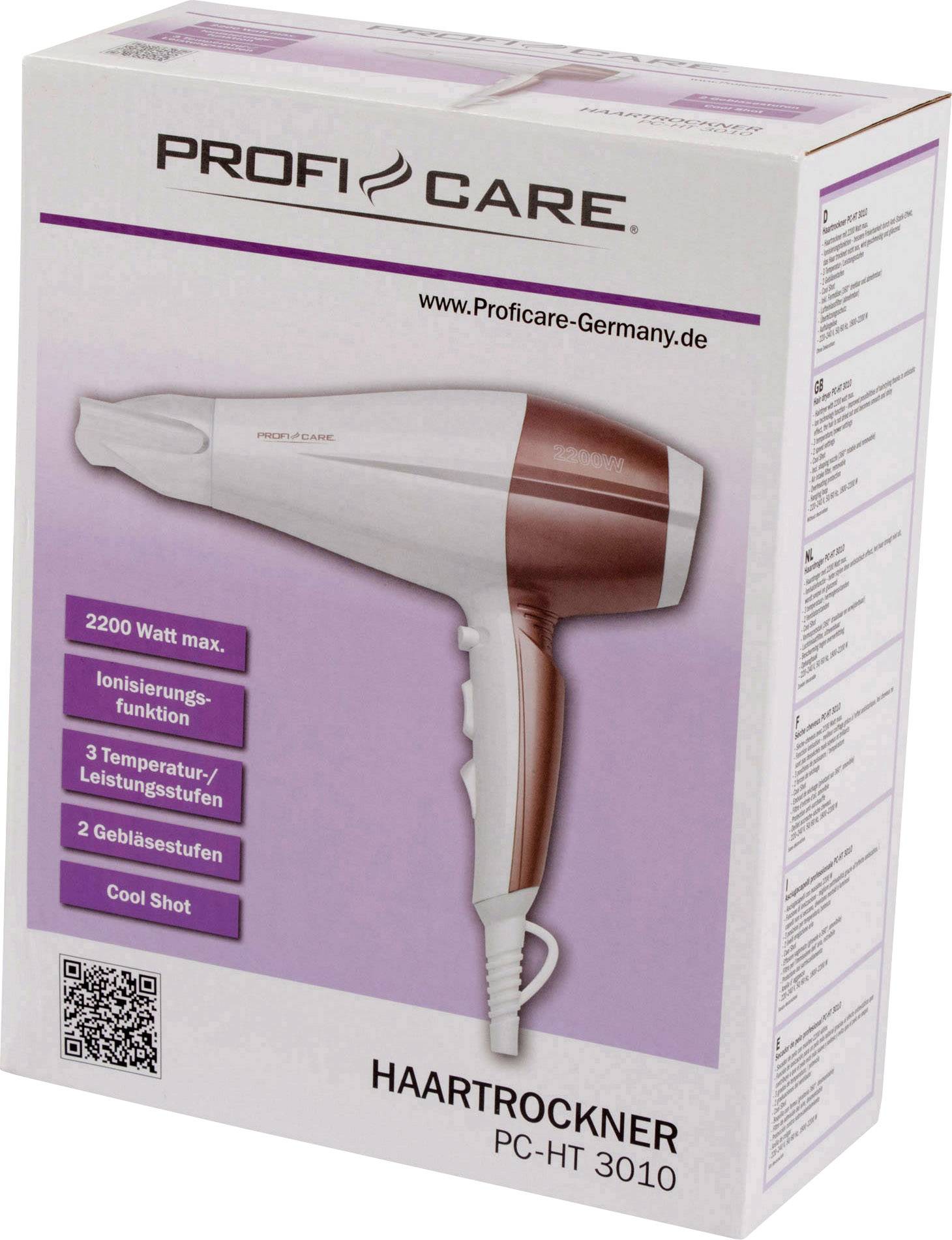 Kartonschachtel eines Haartrockners der Marke Proficare, Modell PC-HT 3010, mit 2200 Watt, Ionisierungsfunktion und 3 Temperaturstufen.