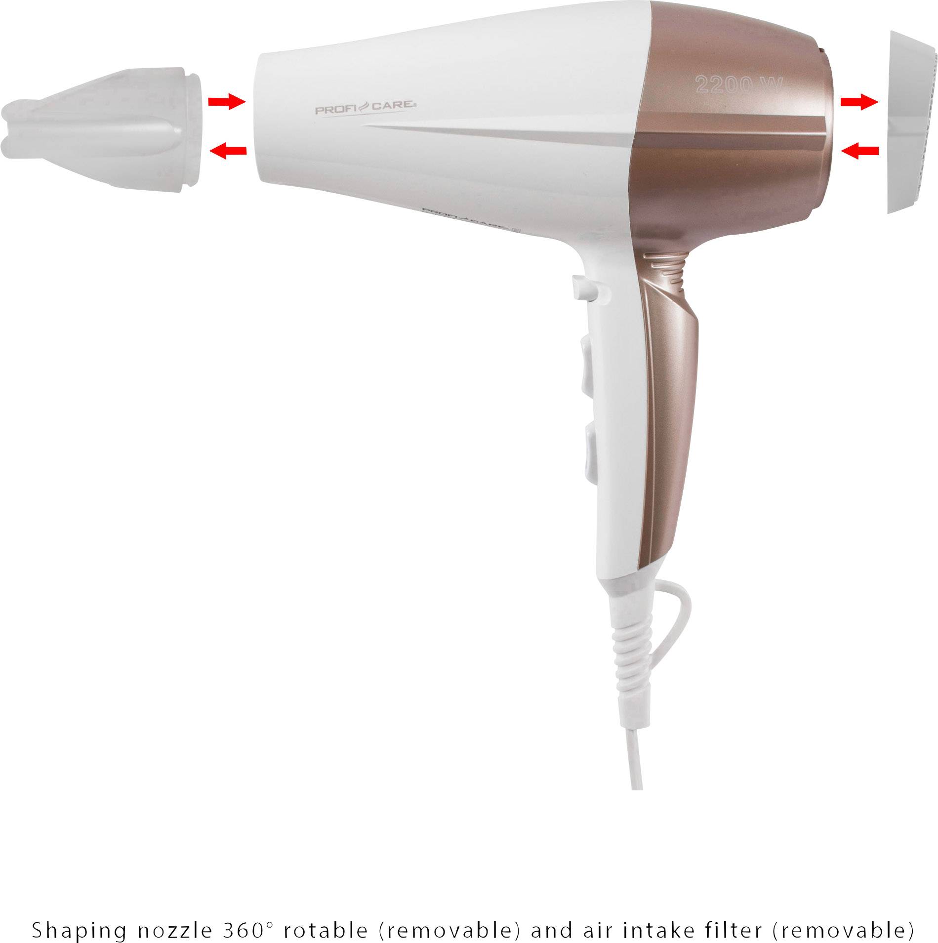 'Haartrockner mit abnehmbarer Formdüse und Luftfilter, beide um 360° drehbar. Produktseite zeigt Funktionen und Details.'