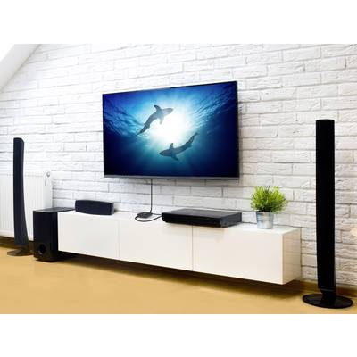 Wohnzimmer mit weißer Backsteinwand, stilvollem weißem TV-Schrank, Flachbildfernseher mit Hai-Bildschirm, Lautsprechern und Dekoration.