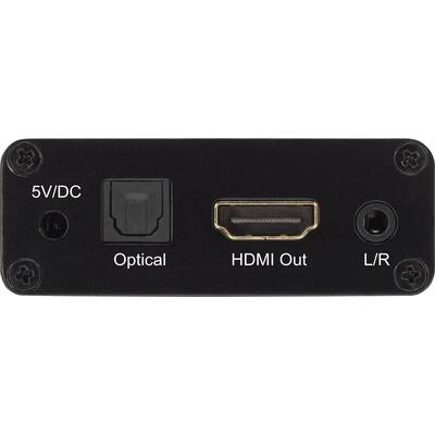 Rückseite eines Geräts mit Anschlüssen: '5V/DC', 'Optical', 'HDMI Out', 'L/R'.