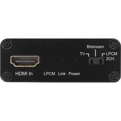 Schwarzes Bedienfeld mit HDMI-In-Port links, Umschalter für Audioausgangsmodus rechts (Bitstream, TV, LPCM 2CH) und LED-Anzeigen.