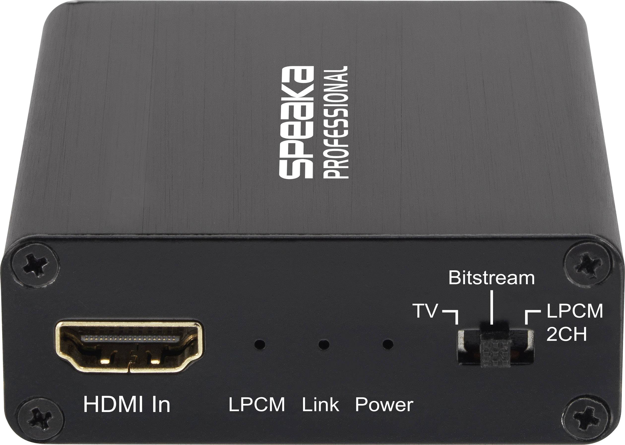 'Audio Konverter Gerät mit HDMI-Eingang und Schalter für Bitstream, LPCM 2CH und TV. Beschriftung: Speaka Professional.'