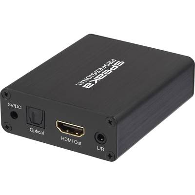 Schwarzer Konverter mit Anschlüssen für optische Audioeingabe, HDMI-Ausgang und L/R-Ausgang. Beschriftung 'SPH20A Professional'.