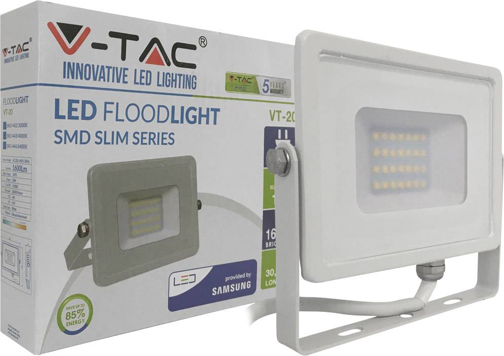 'V-TAC LED-Flutlicht' Verpackung und Produkt: Ein weißes, schlankes LED-Flutlicht mit SMD-Technologie. Energiesparend, langlebig.