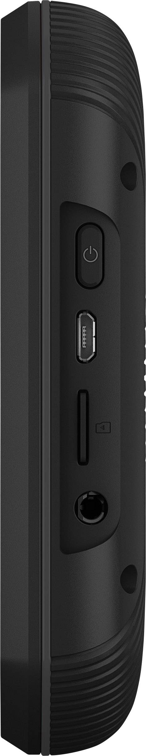 Schwarze Seite eines elektronischen Geräts mit zwei runden Tasten, einem USB-Anschluss und einem Kopfhöreranschluss.