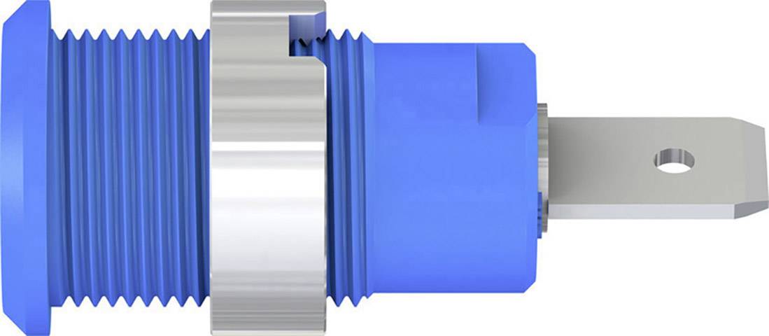 Blauer Metalldeckel mit Rillen und silbernem Ring, verbundener flacher Metallstreifen rechts. Industrielles Bauteil.