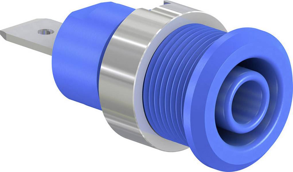 Ein blauer, zylindrischer Metallstecker, vermutlich Teil eines elektrischen Gerätes, mit sichtbaren Gewinde und Metallkontakt.