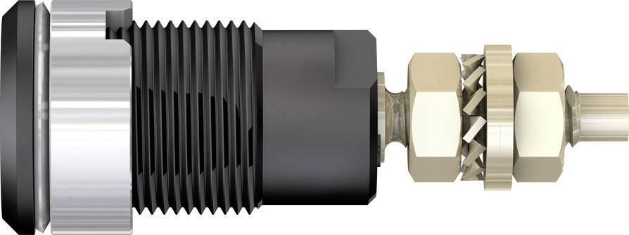 Ein metallischer, zylindrischer Steckverbinder mit geriffeltem Gewinde. Geeignet für elektronische Anwendungen und Verbindungen.