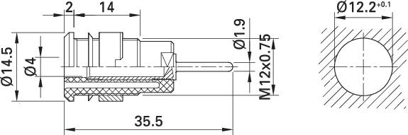 Technische Zeichnung einer mechanischen Komponente mit Details der Abmessungen und einem Querschnitt, der das Innenleben zeigt.