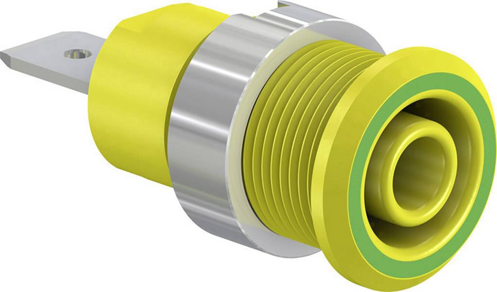 Gelb-silbernes Metallteil mit ringförmigem grünen Element. Verwendung in elektrischen Anwendungen erkennbar durch Anschlussklemme.
