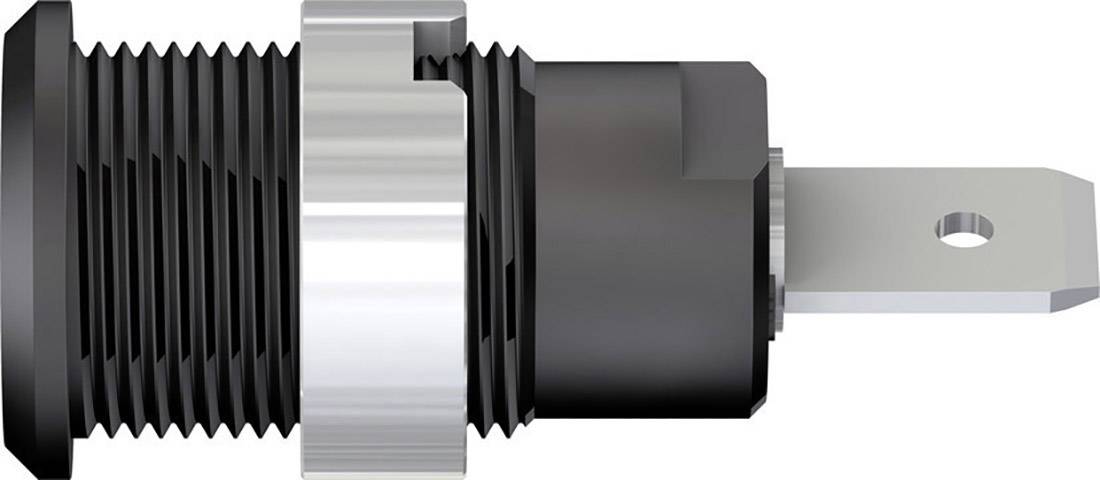 Eine Nahaufnahme eines schwarzen, zylindrischen elektronischen Bauteils mit gewindeförmigem Metallring und flachem Anschlussstecker.