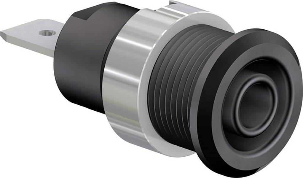 Ein schwarzer runder Druckschalter mit Metallrand und geriffeltem Griff, vor weißem Hintergrund.