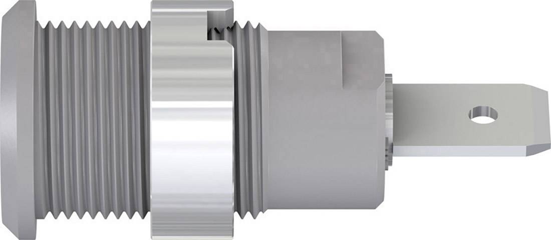 Grauer metallischer Zylinderstecker mit Gewinde, mit rechteckigem Flansch und Öffnung für Schraubbefestigung rechts.