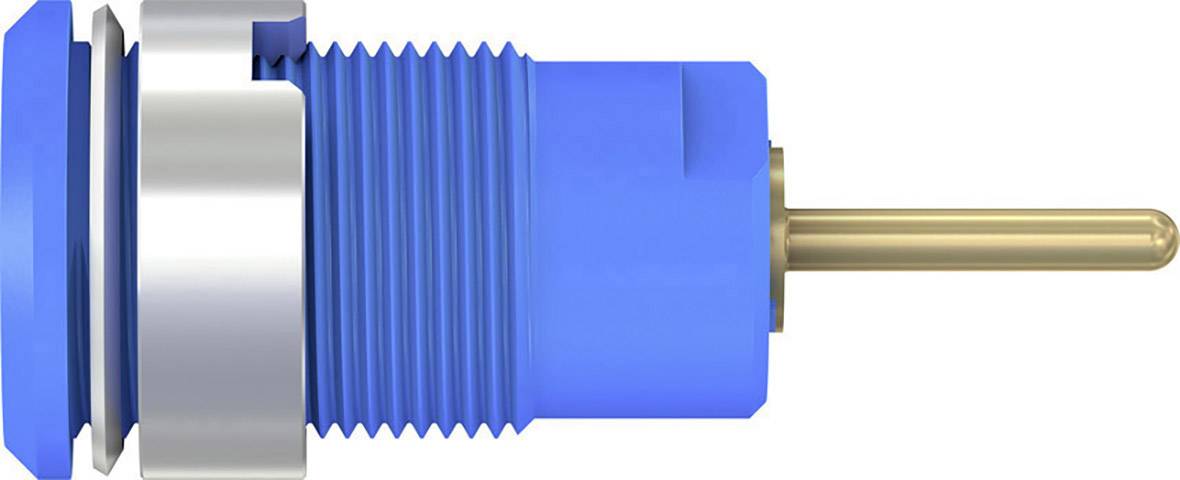 Blauer Steckverbinder mit Metallgewinde und goldfarbenem Stift, seitlich dargestellt. Hauptsächlich für elektronische Verbindungen verwendet.